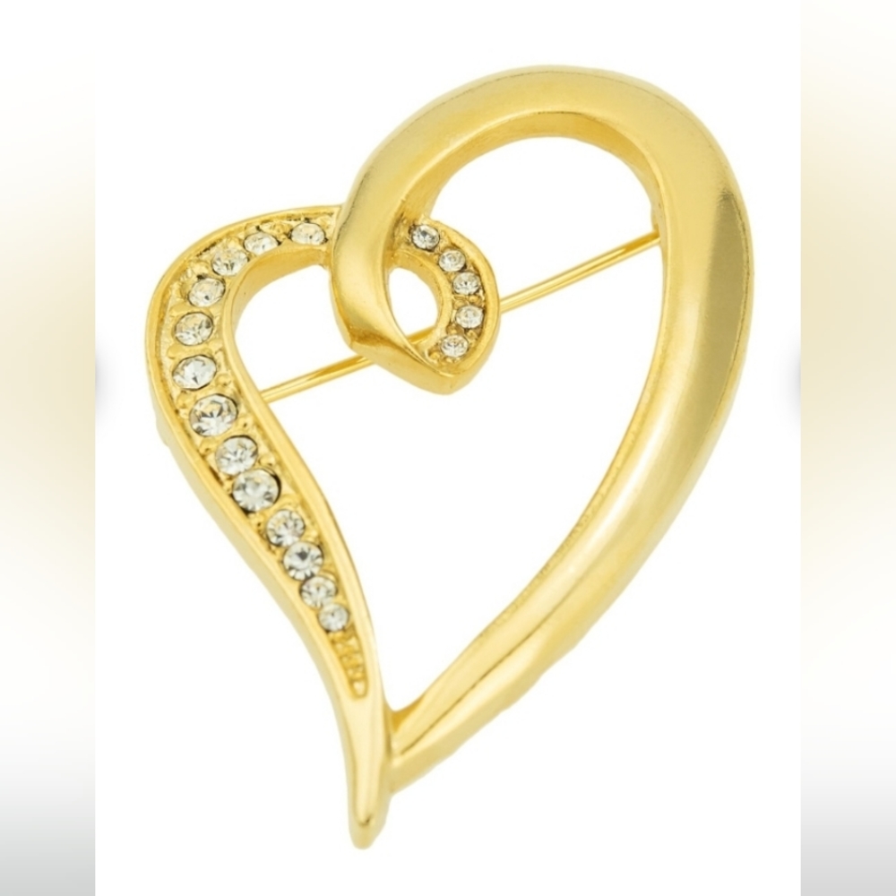 💛Beautiful Vintage Brooch Heart Pin Clear Swarovski Crystals 18k Gold Plated💛